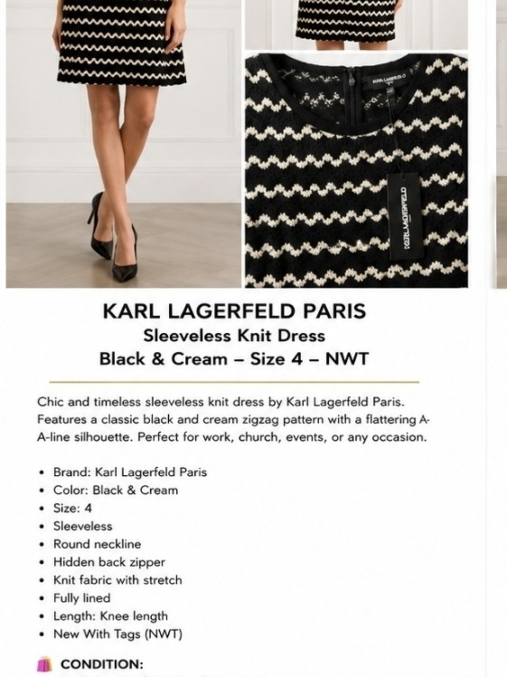 Karl Lagerfeld Black & Cream Zigzag A-Line Skirt
